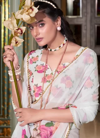 Patch Border, Lace, Pearls and Print Work Georgette Contemporary Saree In White