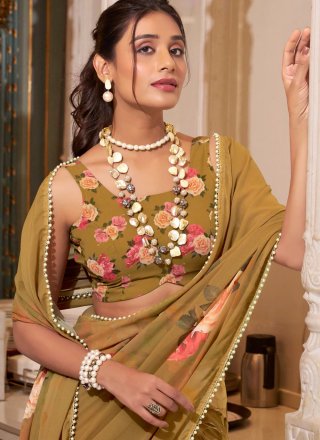 Patch Border, Lace, Pearls and Print Work Georgette Contemporary Sari In Brown
