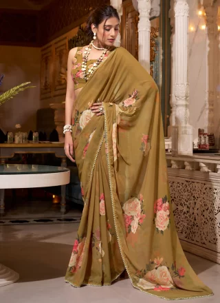 Patch Border, Lace, Pearls and Print Work Georgette Contemporary Sari In Brown