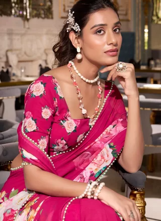 Patch Border, Lace, Pearls and Print Work Georgette Traditional Saree In Rani