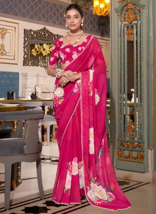 Patch Border, Lace, Pearls and Print Work Georgette Traditional Saree In Rani