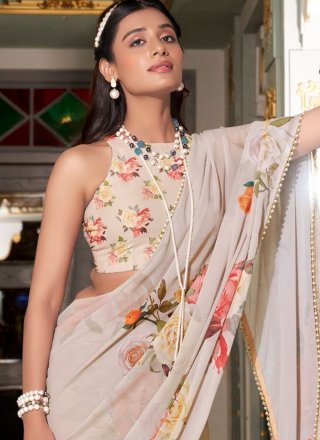 Patch Border, Lace, Pearls and Print Work Georgette Trendy Saree In Off White