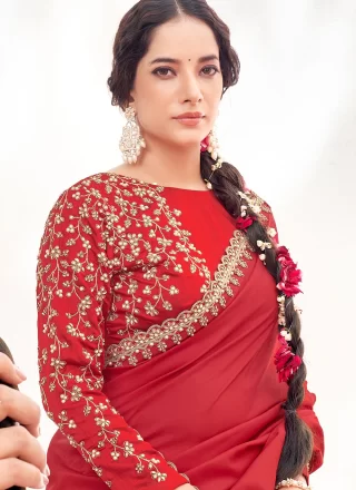 Patch Border, Moti and Stone Work Satin Silk Classic Sari In Crimson