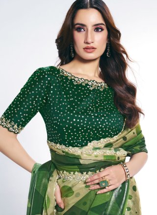 Patch Border, Moti, Print and Zari Work Satin Silk Designer Sari In Green for Ceremonial