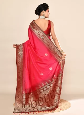 Patch Border, Plain and Weaving Work Silk Trendy Saree In Hot Pink