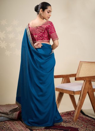 Patch Border, Sequins and Zari Work Vichitra Silk Classic Sari In Blue for Casual