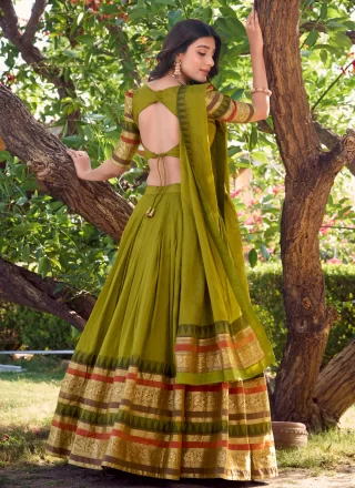 Patch Border, Weaving and Zari Work Chanderi Lehenga Choli In Green Colour