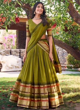 Patch Border, Weaving and Zari Work Chanderi Lehenga Choli In Green Colour