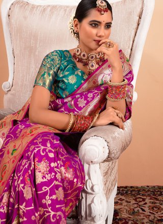 Patch Border, Weaving and Zari Work Paithni Contemporary Saree In Magenta and Purple for Ceremonial