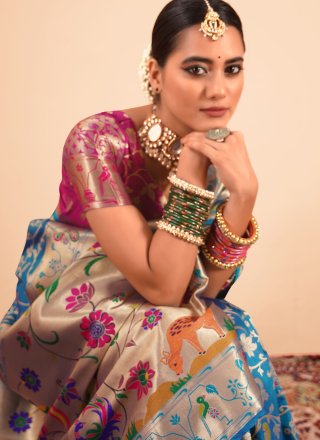 Patch Border, Weaving and Zari Work Paithni Contemporary Sari In Blue