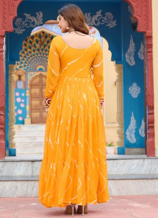 Patch Border Work Faux Georgette  Designer Gown In Yellow for Festival