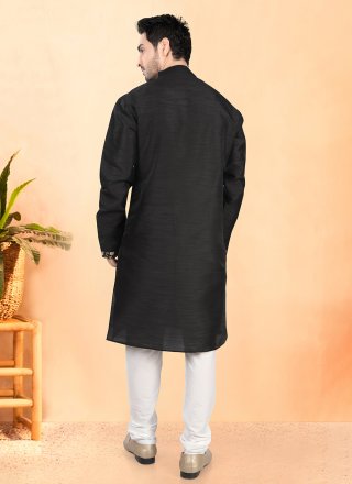 Patch Border Work Silk Kurta Pyjama In Black Color