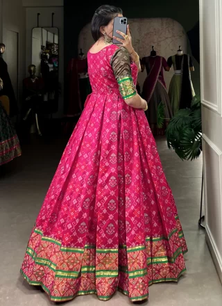 Patola Print, Weaving and Zari Work Jacquard Silk  Designer Gown In Pink and Rani
