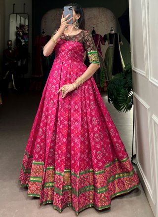 Patola Print, Weaving and Zari Work Jacquard Silk  Designer Gown In Pink and Rani