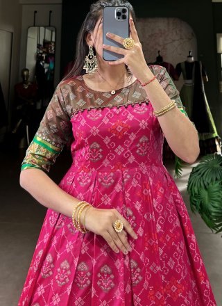 Patola Print, Weaving and Zari Work Jacquard Silk  Designer Gown In Pink and Rani