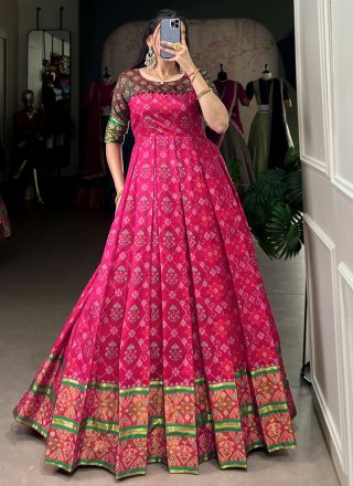 Patola Print, Weaving and Zari Work Jacquard Silk  Designer Gown In Pink and Rani