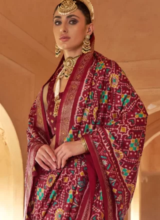 Patola Print Work Silk Traditional Saree In Burgundy for Ceremonial