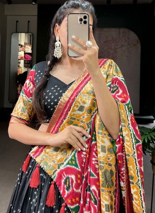 Patola Print Work Tussar Silk A - Line Lehenga Choli In Black for Festival