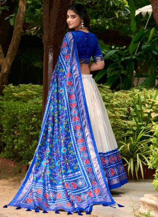Patola Print Work Tussar Silk A - Line Lehenga Choli In Blue Colour