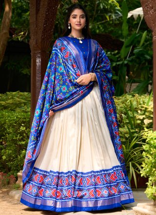 Patola Print Work Tussar Silk A - Line Lehenga Choli In Blue Colour