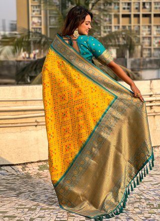 Patola Silk Contemporary Sari In Yellow Color