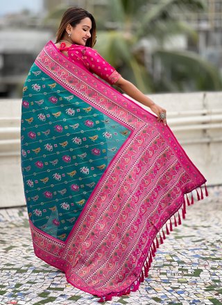 Patola Silk Trendy Saree In Sea Green Color