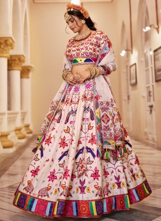 Peach and Pink Art Silk Lehenga Choli with Fancy, Hand and Print Work
