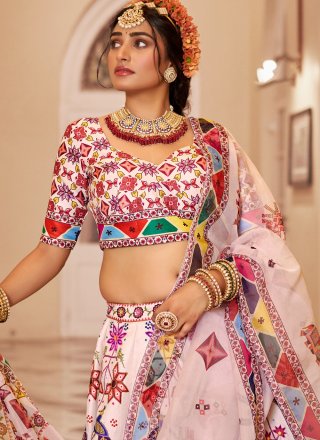 Peach and Pink Art Silk Lehenga Choli with Fancy, Hand and Print Work