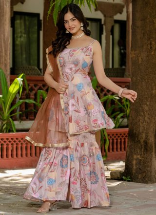 Peach and Pink Chinon Floral Patch and Lace Work Sharara Set for Ceremonial