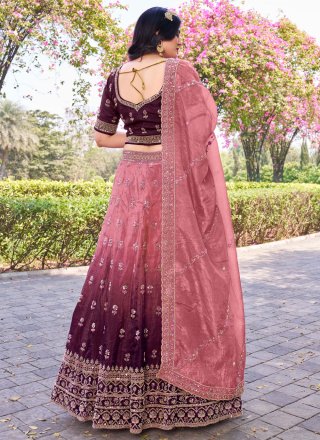 Peach and Pink Embroidered, Sequins and Zari Work Crush A - Line Lehenga Choli