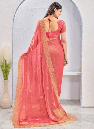 Peach and Pink Fandy Embroidered and Zari Work Traditional Saree
