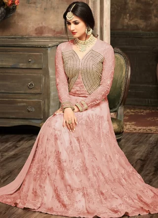Peach and Pink Georgette Embroidered, Stone and Zari Work Floor Length Salwar Suit