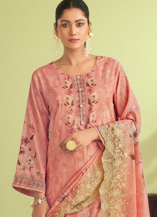 Peach and Pink Muslin Salwar Suit with Embroidered, Floral Patch, Resham and Thread Work