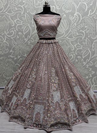 Peach and Pink Net Beads, Crystals, Diamond, Hand, Mirror, Moti and Sequins Work Lehenga Choli