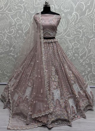 Peach and Pink Net Beads, Crystals, Diamond, Hand, Mirror, Moti and Sequins Work Lehenga Choli