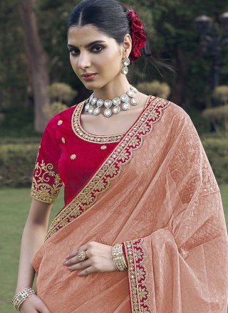 Peach and Pink Organza Patch Border, Cord, Mirror and Zari Work Trendy Saree