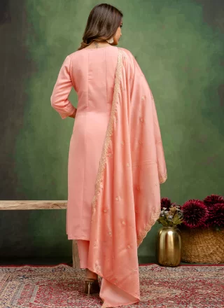 Peach and Pink Rayon Embroidered and Zari Work Pant Style Suit