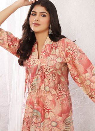 Peach and Pink Rayon Floral Patch Work Casual Kurti for Casual