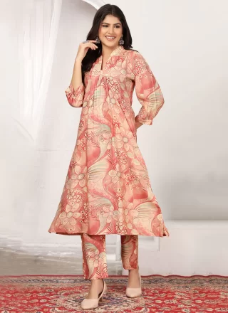 Peach and Pink Rayon Floral Patch Work Casual Kurti for Casual