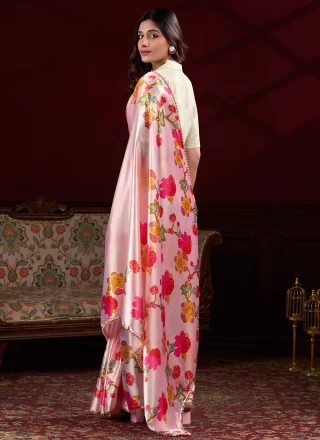 Peach and Pink Satin Patch Border, Floral Patch, Lace and Pearls Work Designer Saree