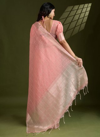 Peach and Pink Silk Contemporary Sari with Woven and Zari Work
