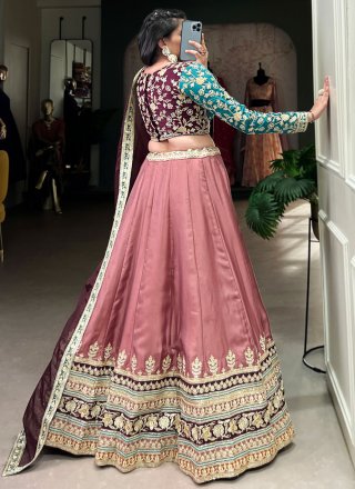 Peach and Pink Silk Embroidered, Sequins, Thread and Zari Work Lehenga Choli