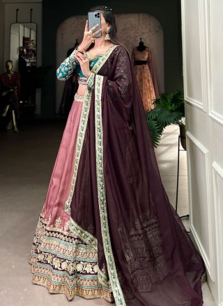 Peach and Pink Silk Embroidered, Sequins, Thread and Zari Work Lehenga Choli