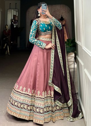 Peach and Pink Silk Embroidered, Sequins, Thread and Zari Work Lehenga Choli