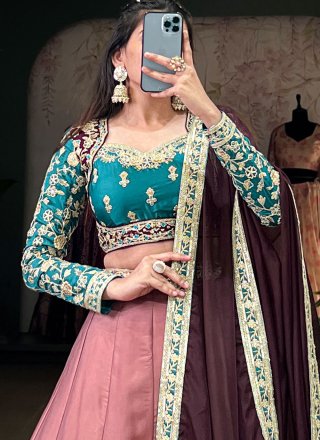 Peach and Pink Silk Embroidered, Sequins, Thread and Zari Work Lehenga Choli