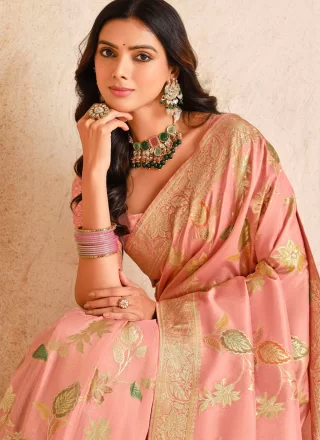 Peach and Pink Silk Fancy, Weaving and Zari Work Classic Saree
