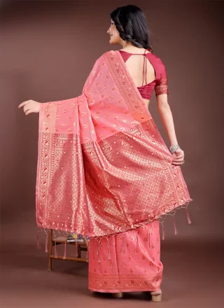 Peach and Red Cotton Trendy Saree