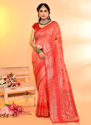 Peach and Red Silk Classic Sari