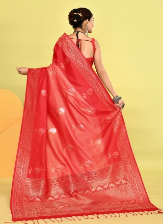 Peach and Red Silk Trendy Saree
