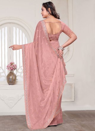 Peach and Rust Silk Classic Saree with Embroidered, Resham, Sequins and Zircon Work